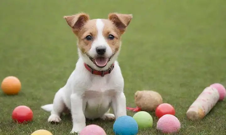 Un cachorro de terrier de ojos brillantes y enérgicos con un abrigo suave y oídos erectos, sentado en una pastilla verde parche; rodeado de juguetes dispersos, bolas o palos, transportando energía juguetona y curiosidad maliciosa; capturando idealmente la cara sonriente icónica de esta raza, con lengua ligeramente hacia fuera y boca curvada hacia arriba