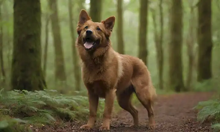 Un perro marrón feliz con un pelaje suave, oídos arriba y cola mantenidos alto, rodeado de un bosque verde exuberante, con hojas y ramas enlazadas alrededor de su cuerpo, oliendo y pavimentando en el suelo, transportando curiosidad y emoción