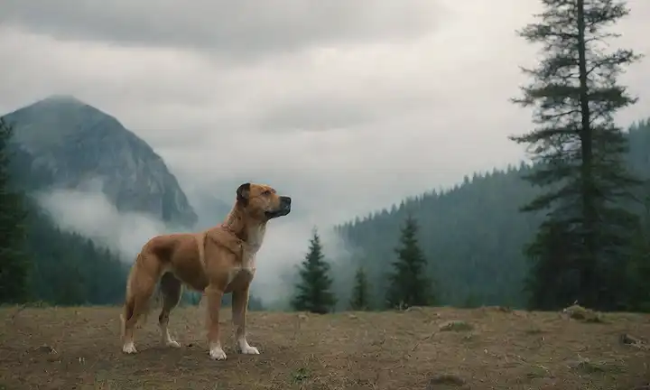 Terreno montañoso con una majestuosa raza de perros en el centro, rodeado de árboles, nubes y niebla, con sutiles indicios de robustez y nobleza, transportando fuerza, lealtad y serenidad