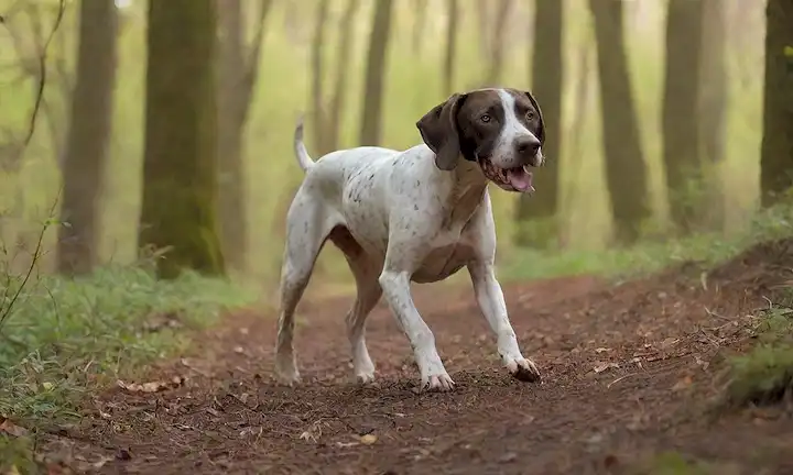 Un paisaje robusto con colinas onduladas, bosques verdes, y un despejado soleado, con un perro puntero italiano de pelo corto en medio de la zancada, orejas acolchadas, nariz agitada, alerta de ojos y cola sostenida en alto, rodeado de árboles, debajo del cepillo, y hojas dispersas, con toques de hierbas frondosas y tonos terrenales