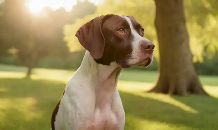 un perro puntero italiano de pelo corto con ojos penetrantes, jawline fuerte, y la construcción muscular, de pie sobre un fondo verde exuberante con sombras de árboles sutiles, rodeado de una luz dorada cálida, transportando confianza y lealtad