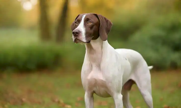 Un perro de raza puntero italiano de pelo corto, de pie orgulloso en un fondo verde con un entorno exterior borroso, rodeado de sutiles hojas de otoño, mostrando su distintivo abrigo y características faciales, con un toque de luz solar que arroja sombras suaves en su piel, transmitiendo un sentido de lealtad y alerta