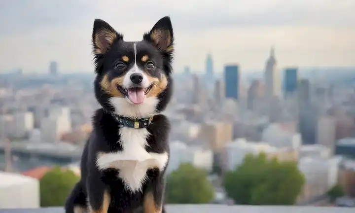 Un perro pequeño con cara de punta con un abrigo negro y marcas blancas, de pie en las patas traseras, mirando directamente al espectador; rodeado de un paisaje urbano borroso o fondo, transportando la vida urbana; llevando un collar elegante; teniendo una expresión curiosa; mostrando sus espumosas orejas