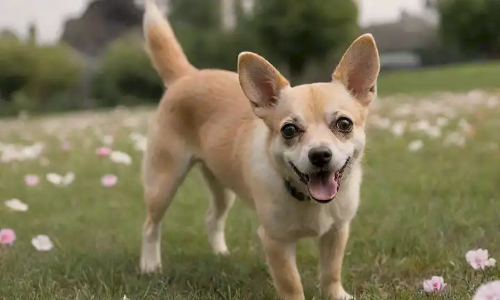 Un perro pequeño y energético con una cola curvada, ojos oscuros y oídos erectos, de pie sobre una superficie pastosa, rodeado de flores y árboles, frente a un fondo urbano borroso, capturando un momento de júbilo, con iluminación suave
