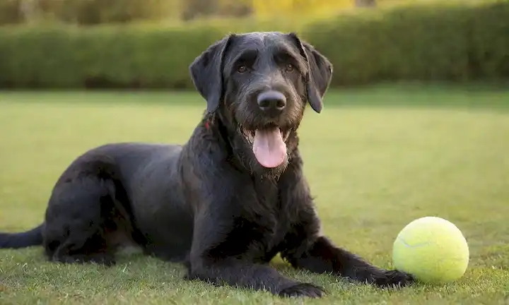 3 años Giant Schnauzer raza perro con suave capa suave, sentado en césped pastoso, mirando directamente a la cámara, lengua ligeramente hacia fuera, orejas afiladas, ojos marrones brillantes, rodeado de pocos juguetes y una pelota de tenis gastada, con una cálida luz del sol echando un brillo suave