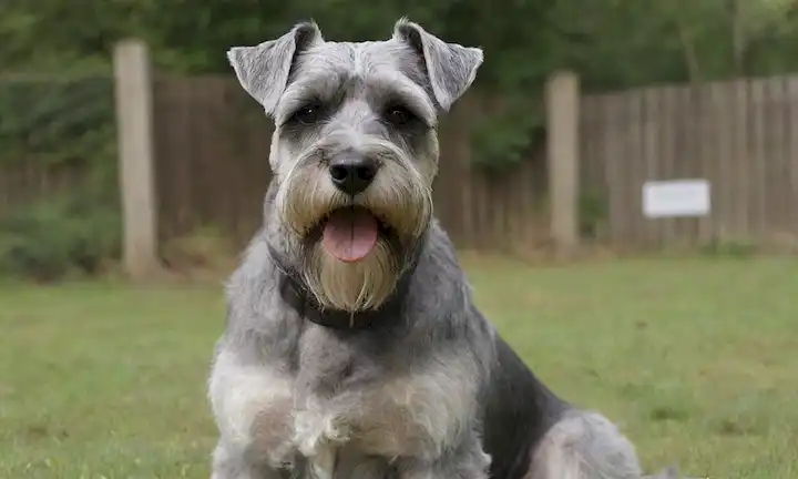 Un gran perro de raza Schnauzer, un gigante suave, con una barba y cejas distintivas, sentado en un césped pastoso, rodeado de árboles, frente a una cerca de madera rústica, usando un collar con una etiqueta de nombre brillante