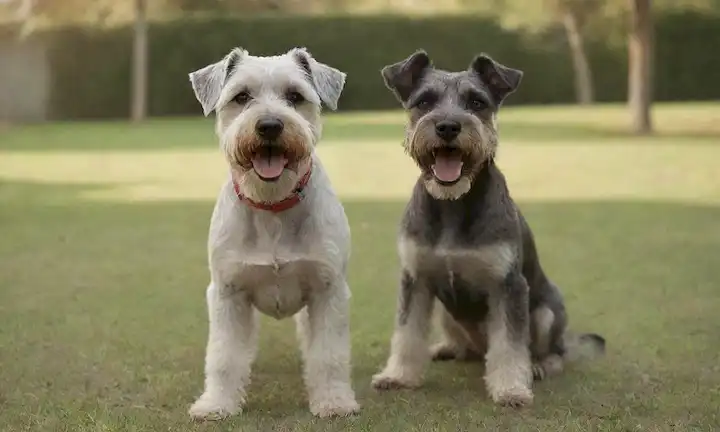 3 perros jugando juntos, un Schnauzer Estándar en el centro, sonriente, abrigo suave, ojos marrones grandes, expresión feliz; un niño que sostiene una bola cercana, interacción suave; un parque de la ciudad o fondo del patio trasero, vegetación y árboles, luz solar suave; ambiente tranquilo