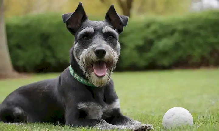 Un Schnauzer feliz Perro estándar con un brillante abrigo negro, rodeado de hojas o ramas, sentado en una hierba verde, con una bola o juguete en su boca, teniendo una expresión amistosa, usando un collar, con un fondo borroso, tiempo soleado