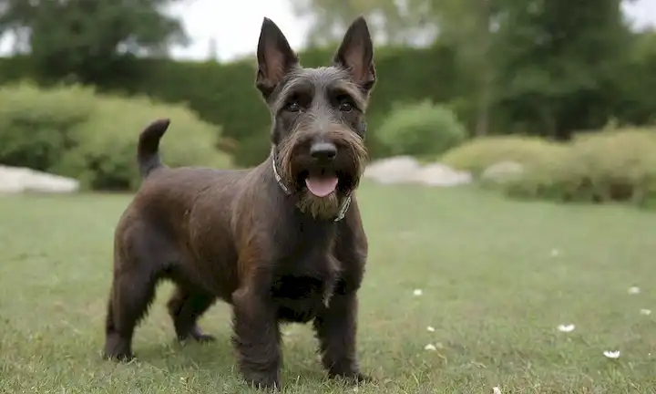 un perro escocés Terrier de pie sobre hierba, abrigo marrón con parche blanco, expresión inteligente, cola de onda, rodeado de elementos al aire libre como hojas o flores, luz natural