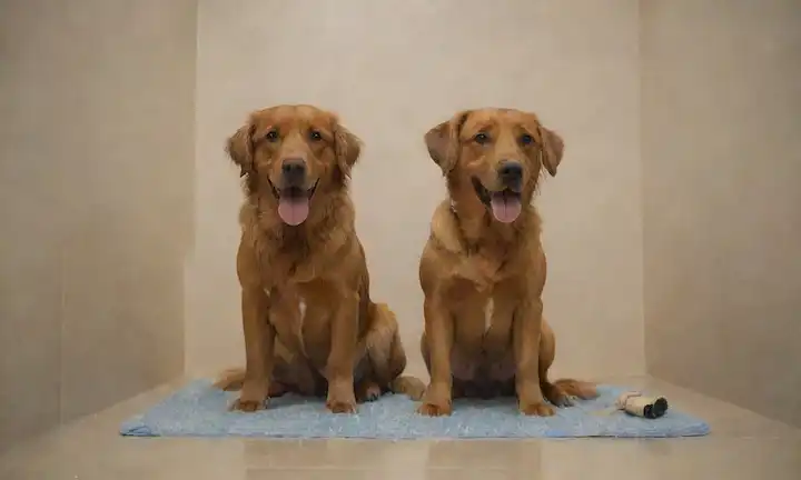 Perro sentado en un piso de baño, rodeado de agua salpicaduras y burbujas de espuma, con un suave dueño de la mano sosteniendo un cepillo o lavabo, iluminación cálida, reflejos sutiles en el suelo de baldosas, expresión feliz, patas limpias