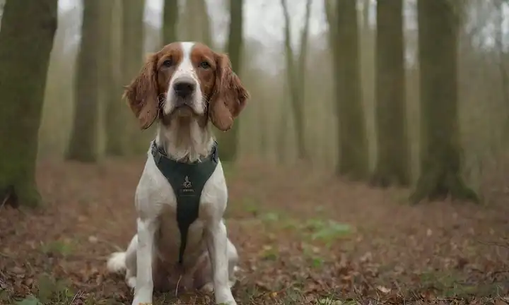 Un perro setter, raza inglesa, en un escenario de caza, al aire libre, posiblemente con un atuendo de caza, rodeado de elementos de naturaleza como árboles, follaje, y tal vez un arma o ave de juego, que transmite un sentido de actividad deliberada