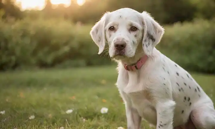 Una imagen de tono cálido con un lindo cachorro de setter inglés sentado en un césped pastoso, mirando directamente a la cámara con ojos marrones brillantes, rodeado de vegetación exuberante y unas flores florecientes La piel de los cachorros es suave y bien cuidada, mostrando su abrigo blanco con manchas negras y manchas de bronceado