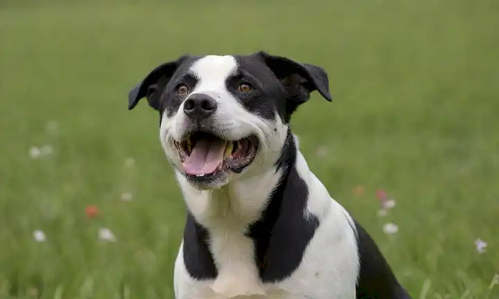 Un perro feliz, una raza de tamaño mediano, con un abrigo corto, denso, manchas blancas y negras en su cara, orejas puestas, de pie en un campo verde, rodeado de flores, con algunas mariposas cercanas