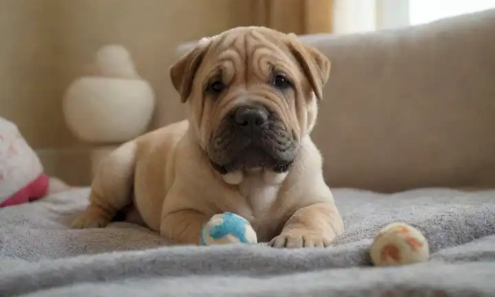 Un lindo cachorro de Shar Pei con una cara arrugada y ojos adorables, acurrucado en una bola en una manta suave, rodeado de juguetes y golosinas, en un ambiente cálido de salón, con luz natural derramando a través de una ventana
