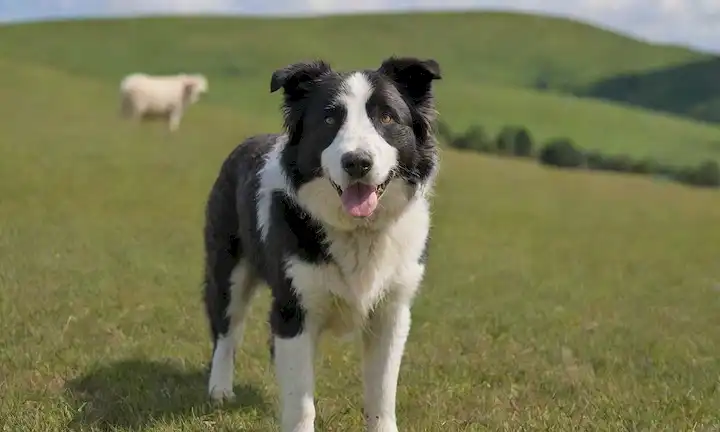 Un peluche blanco y negro con una expresión amistosa, pastando en un prado verde, rodeado de colinas rodantes y un cielo azul con nubes hinchadas