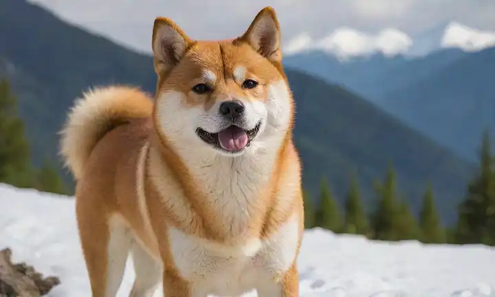 A Shiba Perro Inu con una capa roja ardiente, de pie sobre un terreno montañoso, con picos cubiertos de nieve en el fondo, rodeado de frondosos árboles verdes, con una expresión majestuosa, con su piel volada por el viento, y teniendo unas cuantas hojas o ramitas enredadas en su pelo grueso