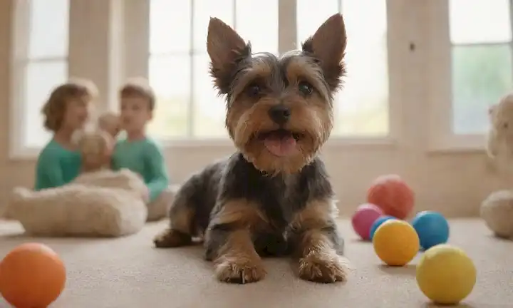 Un cachorro de Silky Terrier de ojos azules y alegres rodeado de niños juguetones que sostienen bolas, juguetes y animales rellenos, un gato o un perro en el fondo, la luz del sol caliente filtrando a través de ventanas