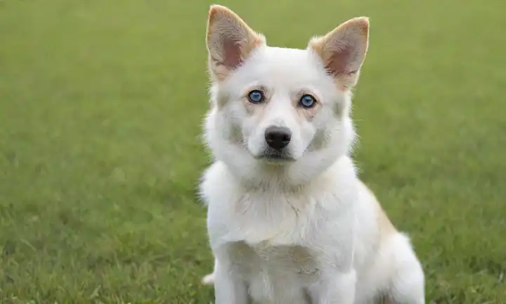 Un perro de tamaño mediano con una capa sedosa y recta, color blanco base y puntos de bronceado, sentado en hierba verde, con ojos azules brillantes, orejas pequeñas y una cola de arbusto