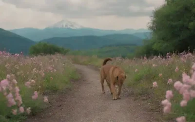Un perro amable y juguetón que olía una flor floreciente