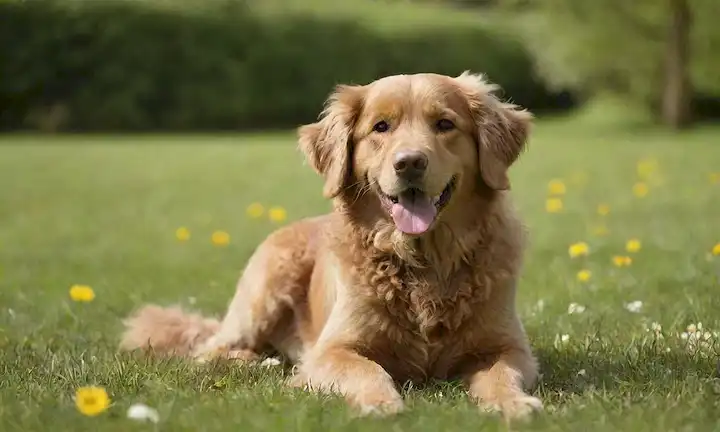Un perro feliz de tamaño mediano con un abrigo rizado