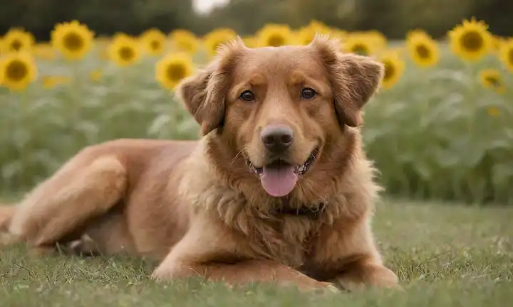 Un perro suave con un abrigo rizado, acostado en un campo pastoso, rodeado de girasoles, en una luz cálida, con una expresión facial relajada, y un toque de una sonrisa, usando un cuello con una etiqueta de nombre brillante, en medio de un fondo borroso de enfoque suave