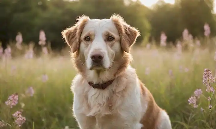 Un perro de ojos suaves y recubierto sentado en un campo pastoso, rodeado de flores silvestres florecientes; la cara de los perros se inclina ligeramente hacia arriba, con una expresión relajada; filtros de luz solar a través de las hojas arriba; luz suave y natural resalta las características de los perros; un efecto borroso sutil transmite movimiento y atmósfera