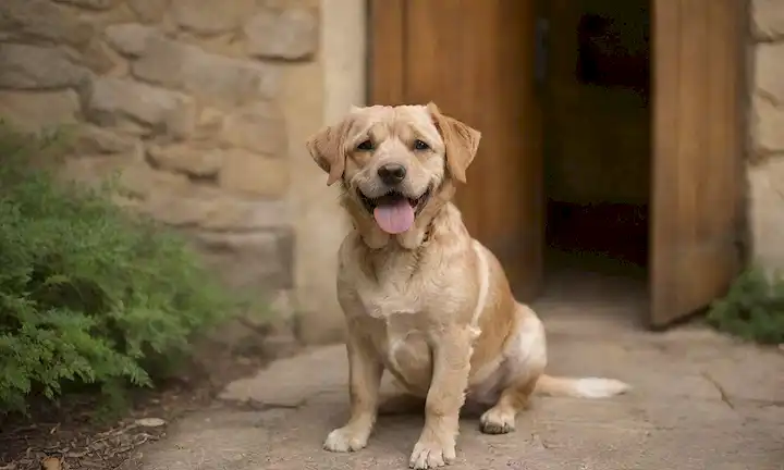 Un perro de aspecto suave con una cara arrugada, cola rizada y orejas floppy; situado contra un fondo cálido y rústico con paredes de piedra, puertas de madera o persianas de estilo vintage; rodeado de vegetación exuberante o árboles antiguos; con una luz suave y dorada con pequeñas sombras para dar profundidad