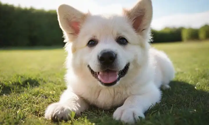 Lindo y suave cachorro blanco con una cara sonriente, acurrucado en una bola sobre un fondo suave de hierba, rodeado de brillante cielo azul, características de pastor alemán, ojos alegres y saludables, orejas juguetonas, abrigo suave, pequeñas patas, adorable hocico, mirada amorosa