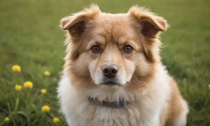 Un perro hinchado y rizado con una cara redonda y grandes ojos marrones, sentado en un terreno pastoso con algunas flores alrededor, mirando directamente al espectador con una expresión curiosa