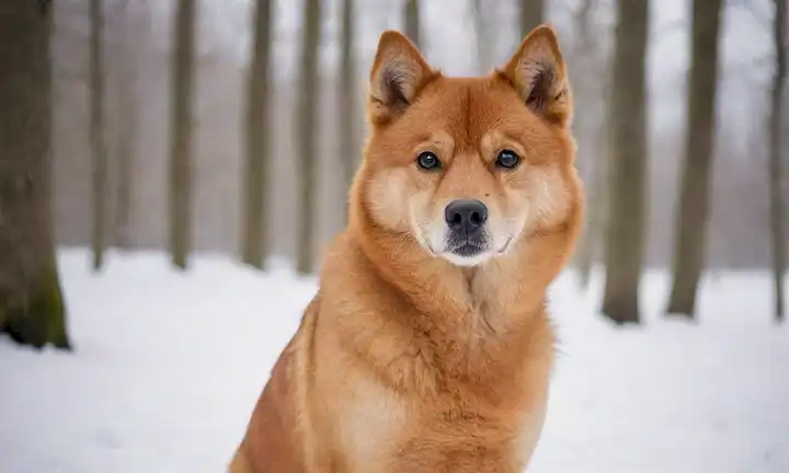 Una foto de un perro de Spitz finlandés con diferentes colores y patrones de piel, de pie en un terreno nevado, rodeado de árboles, mirando directamente a la cámara, con una expresión curiosa, contra un fondo natural de luz