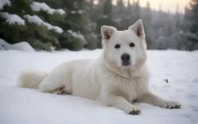 3-4 perro blanco con pelaje suave y cola curvada