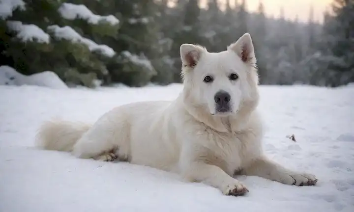 3-4 perro blanco con pelaje suave y cola curvada