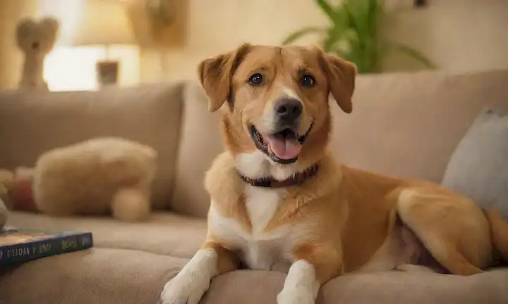 Un perro feliz sentado en un sofá con niños jugando alrededor de él, una expresión suave en su cara, rodeado de juguetes y libros, tal vez algunos animales rellenos cerca, con una iluminación suave y colores cálidos para transmitir un sentido de comodidad y calor, tal vez algunos elementos naturales como plantas o madera en el fondo