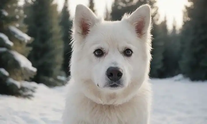 Un perro blanco peludo con una cola arbolada, características faciales lindas, de pie en tierra cubierta de nieve, rodeado de árboles de abeto, con una expresión suave, usando un abrigo cálido, mirando directamente al espectador, con un toque de maldad en sus ojos