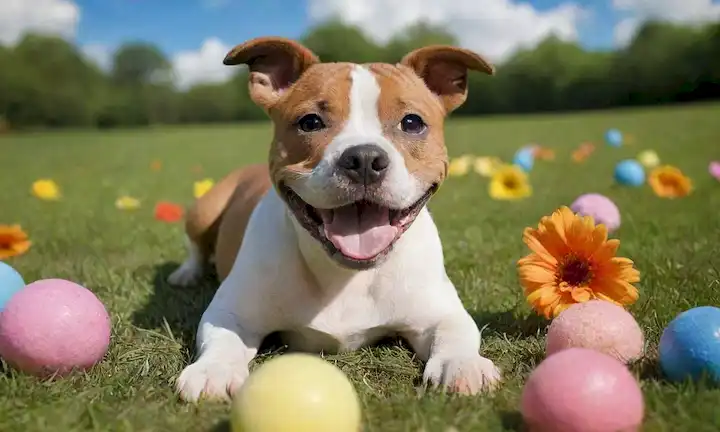 Un feliz, juguetón y enérgico cachorro de terrier bull Staffordshire tumbado en una hierba verde, rodeado de flores coloridas, con una bola en su boca, teniendo una gran sonrisa en su cara, y mirando directamente al espectador, todo puesto en contra de un cielo azul brillante con nubes blancas suaves