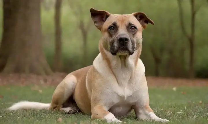Un perro de aspecto calmado con una construcción muscular, ojos marrones oscuros, y un abrigo corto y suave en un color arenoso, sentado en un césped pastoso rodeado de árboles, posiblemente con algunas hojas o flores cercanas, con una expresión suave en su cara