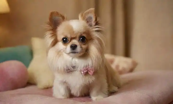 Un perro dulce, pequeño, peludo con un largo y fluido abrigo, características faciales suaves y ojos grandes; sentado en un cojín, rodeado de juguetes, con un arco o collar; ambiente tranquilo, suave; colores cálidos, posiblemente con un fondo borroso para enfatizar el tema