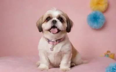 Un Shih feliz Perro Tzu sentado en un sofá de felpa