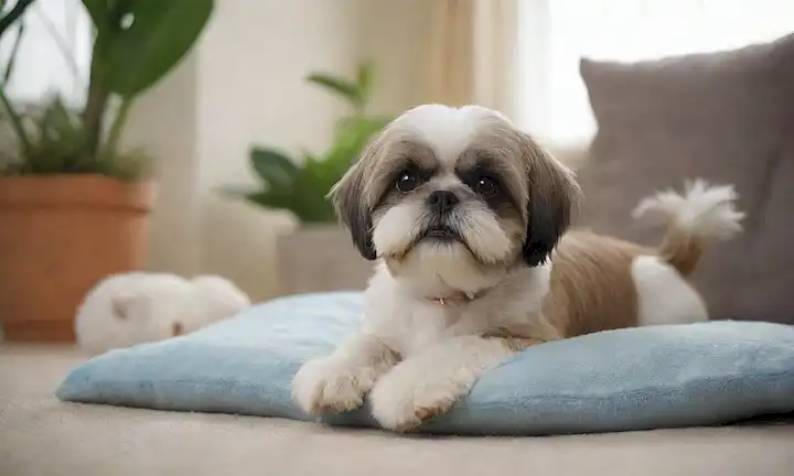 Un Shih feliz Tzu acostado en un cojín de felpa, rodeado de suaves juguetes y mantas, con una suave sonrisa y ojos brillantes, en un cálido salón con una ventana soleada, con algunas plantas y una estantería en el fondo