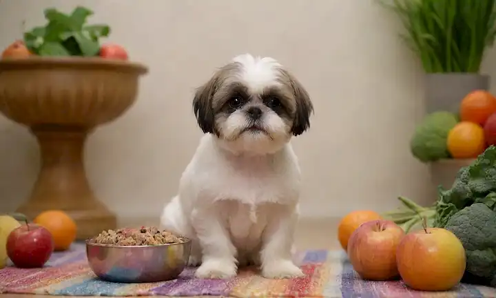 Pequeño Shih Perro Tzu con pelaje suave sentado en una alfombra colorida, rodeado de frutas y verduras frescas, sosteniendo un pequeño tazón de kibble en su pata, junto a una fuente de agua, en una habitación cálida y acogedora con un jarrón de flores, iluminación suave y unos pocos juguetes