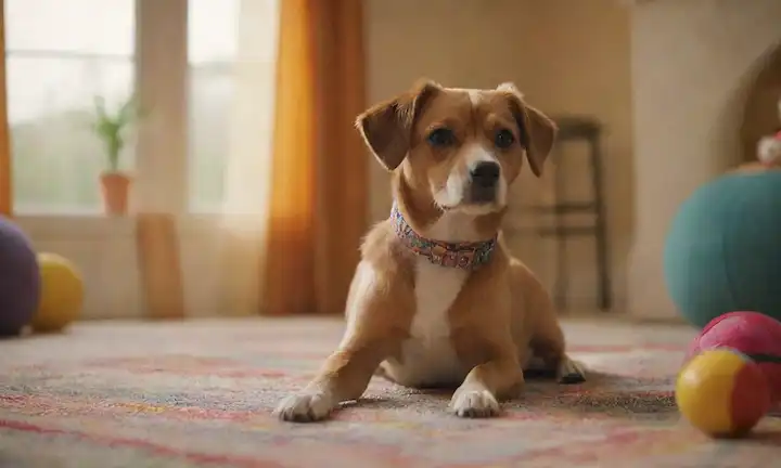Un perro en miniatura con un abrigo suave, sentado en una alfombra colorida, rodeado de juguetes y objetos, con una expresión tranquila, con un collar brillante, contra un fondo caliente, con un poco de luz natural filtrando a través de una ventana