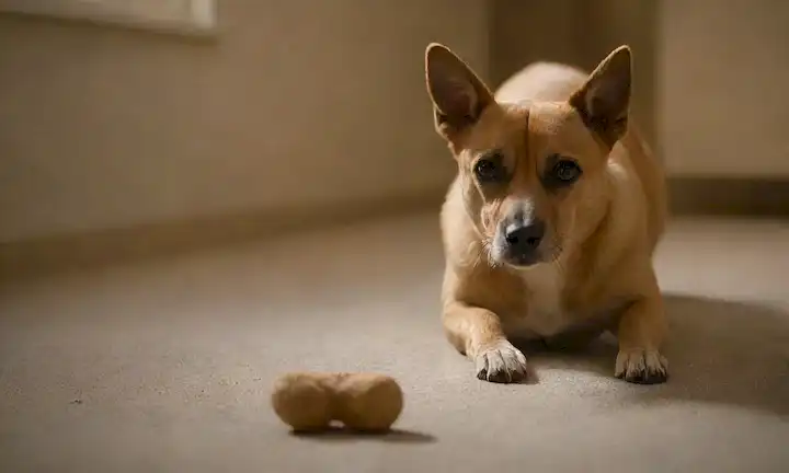 Una foto de un perro con orejas traseras, cola atornillada y ojos hacia abajo, rodeado de sombras sutiles o iluminación dim para transmitir ansiedad, de pie cerca de una persona que sostiene un regalo o juguete, con una expresión tranquila y gestos suaves