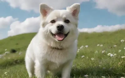 Un peludo perro blanco con cejas distintivas y una cola afeitada