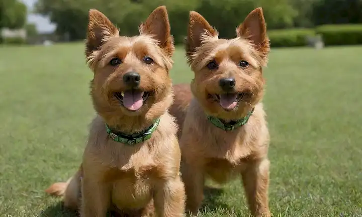 Una feliz raza de perro Terrier australiano con una cara amistosa, rodeada de césped verde o un parque, con un collar con etiqueta de nombre y correa, posiblemente con una bola o juguete en la boca o cerca