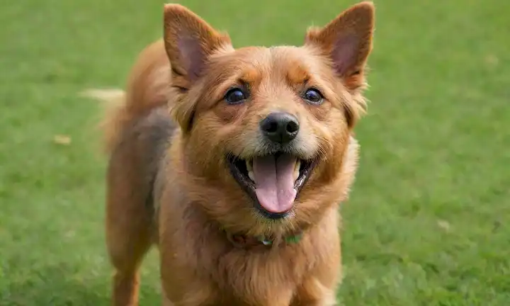 un perro feliz, australiano raza Terrier, de pie sobre hierba verde, mirando directamente a la cámara, con la lengua fuera, pelusa, oídos rectos, cola alta, sonriendo