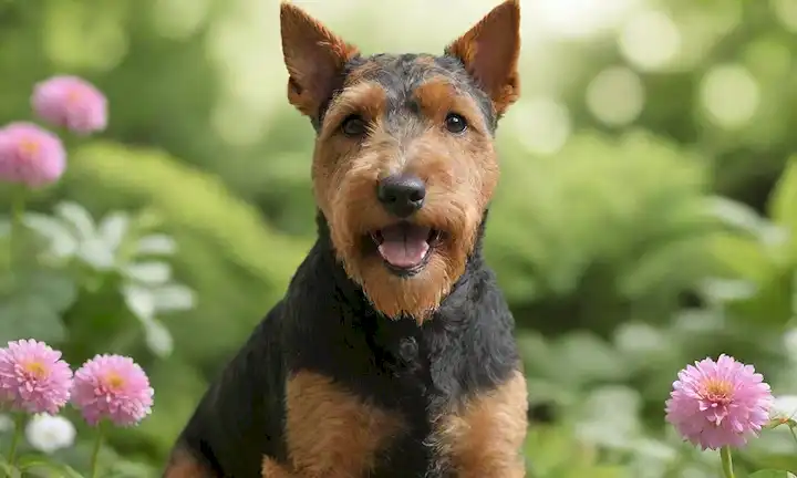 ilustración 3D de un perro Welsh Terrier en pose natural con un fondo verde brillante, rodeado de plantas y flores exuberantes, mostrando su suave abrigo blanco y negro, con sus orejas en alto y cola sostenida, transmitiendo amistad y energía