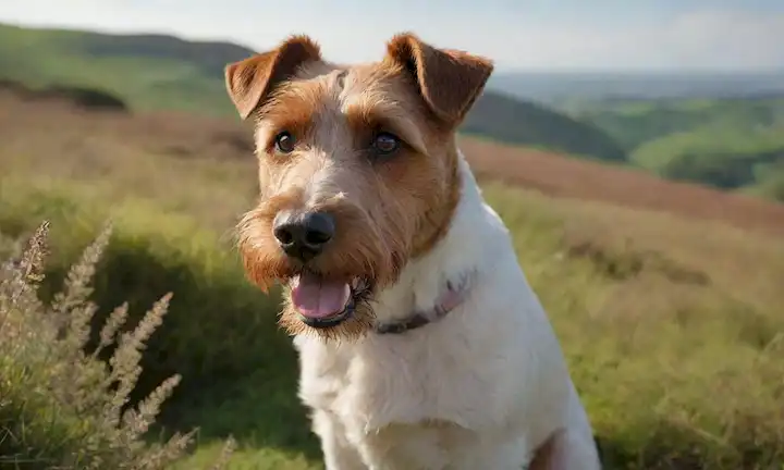 ilustración 3D, raza de perro de estilo de dibujos animados, irlandés Terrier, capa blanca suave, puntos marrones en la cara, cejas rojas peludas, orejas flojas, cola boscosa, sentado en una ladera verde con arbustos de calentador y gansos, cielo azul nublado con el sol mirando a través de