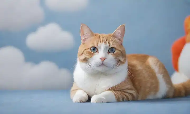 Un gato de contenido sentado cómodamente, con una sutil sonrisa, rodeado de suave niebla blanca o nubes, suave fondo azul, pequeñas gotas de agua dispersas alrededor, pocos juguetes de gato cerca, sin bordes afilados