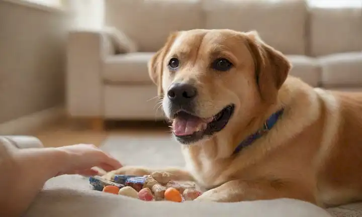 Happy dog sitting on owners lap, holding treats in mouth, with toys nearby, in a living room setting, natural light, borroso background, playful expression, human giving smooth guidance