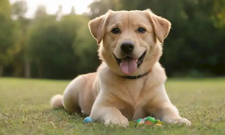 feliz cachorro sentado en la hierba, manos sujetando golosinas y juguetes, calma entrenador sonriente, suave acariciamiento, serena fondo, cálida luz del sol, sin distracciones, perfecto entrenamiento sesión de configuración